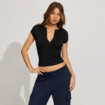 Women’s Solid Color Slim-Fit Deep V Button Top – Chic & Versatile