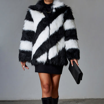 Lapel Contrast Color Fur Coat – Minimalist & Trendy