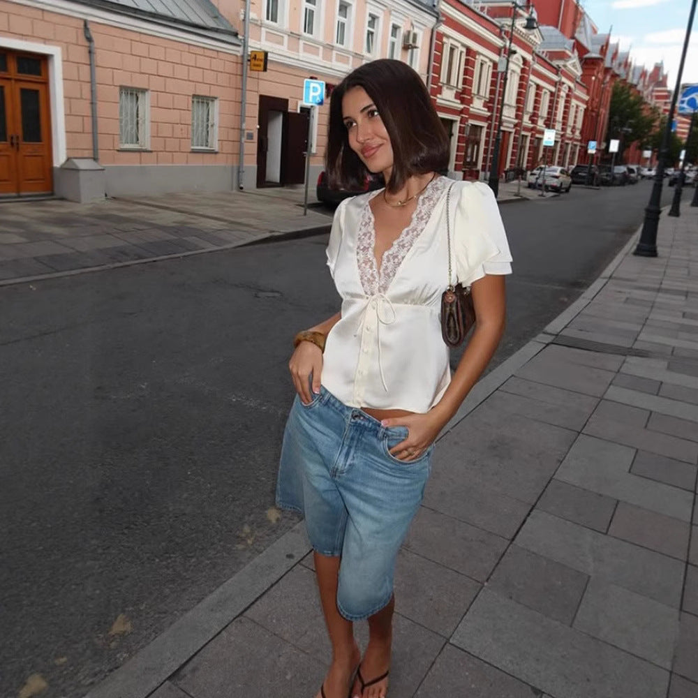 Women’s V-Neck Lace Stitching Top – Chic & Feminine