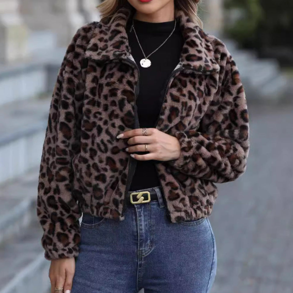 Women's Leopard Print Plush Coat – Loose Fit with Zipper Detail