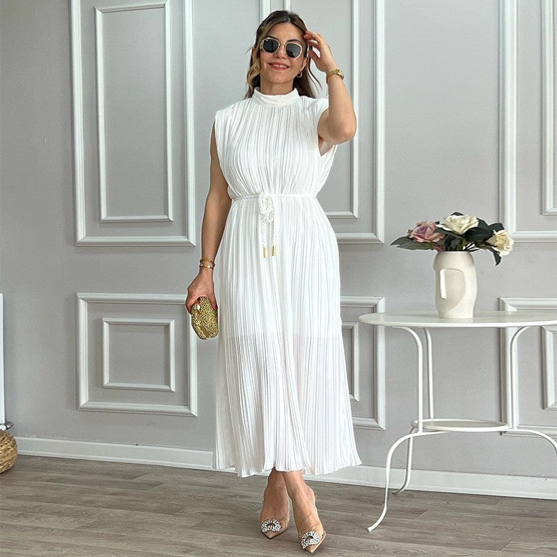 Fashionable Simple Half-Turtleneck Waist-Controlled Lace-Up Midi Dress