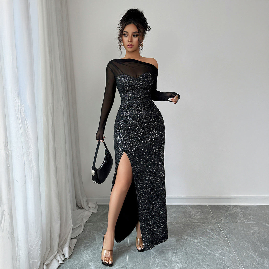 Women’s Elegant Sequin Tube Top Long-Sleeve Dress – Glam & Graceful