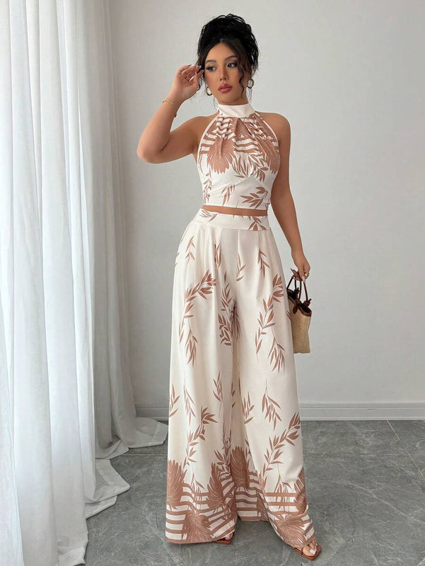 EMERY ROSE Women's 2-Piece Vacation Set – Halter Neck, Backless Top & Wide Leg Pants