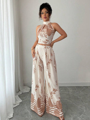 EMERY ROSE Women's 2-Piece Vacation Set – Halter Neck, Backless Top & Wide Leg Pants