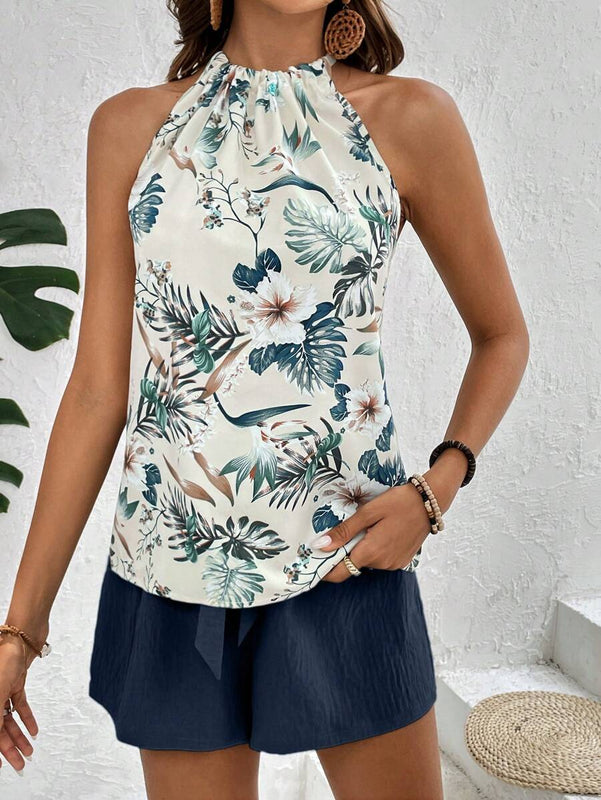 VCAY Tropical Floral Print Halter Top & Belted Shorts 2-Piece Set