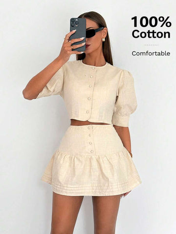 Siren Gaze Women’s Two-Piece Summer Set — Cotton Blouse & Skirt