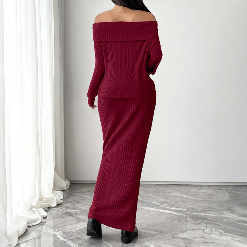 Women's Off-Shoulder Knitted Two-Piece Set – Wine Red Top & Long Skirt