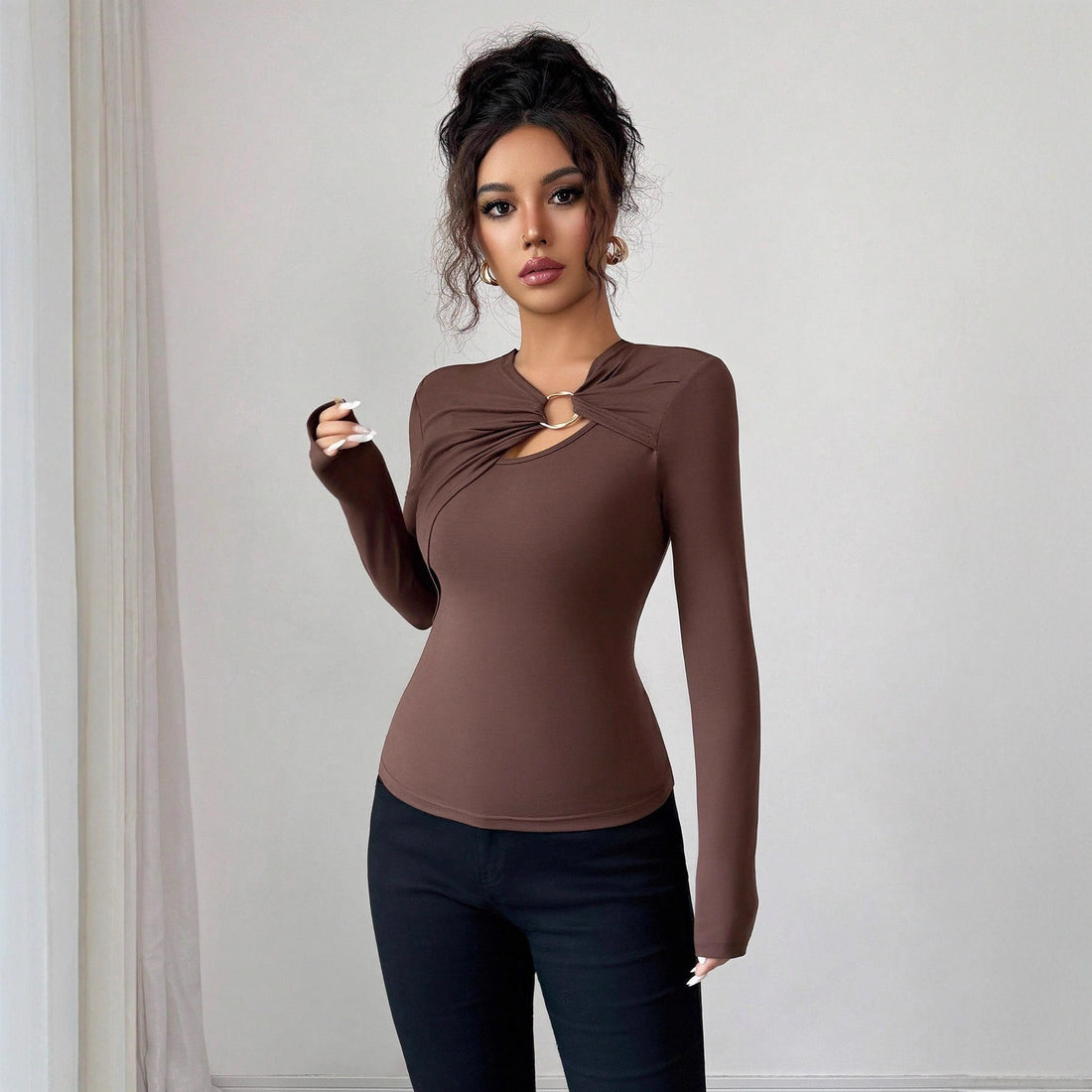 Women’s Asymmetric Hollow Metal Trim Slim Top – Modern & Elegant