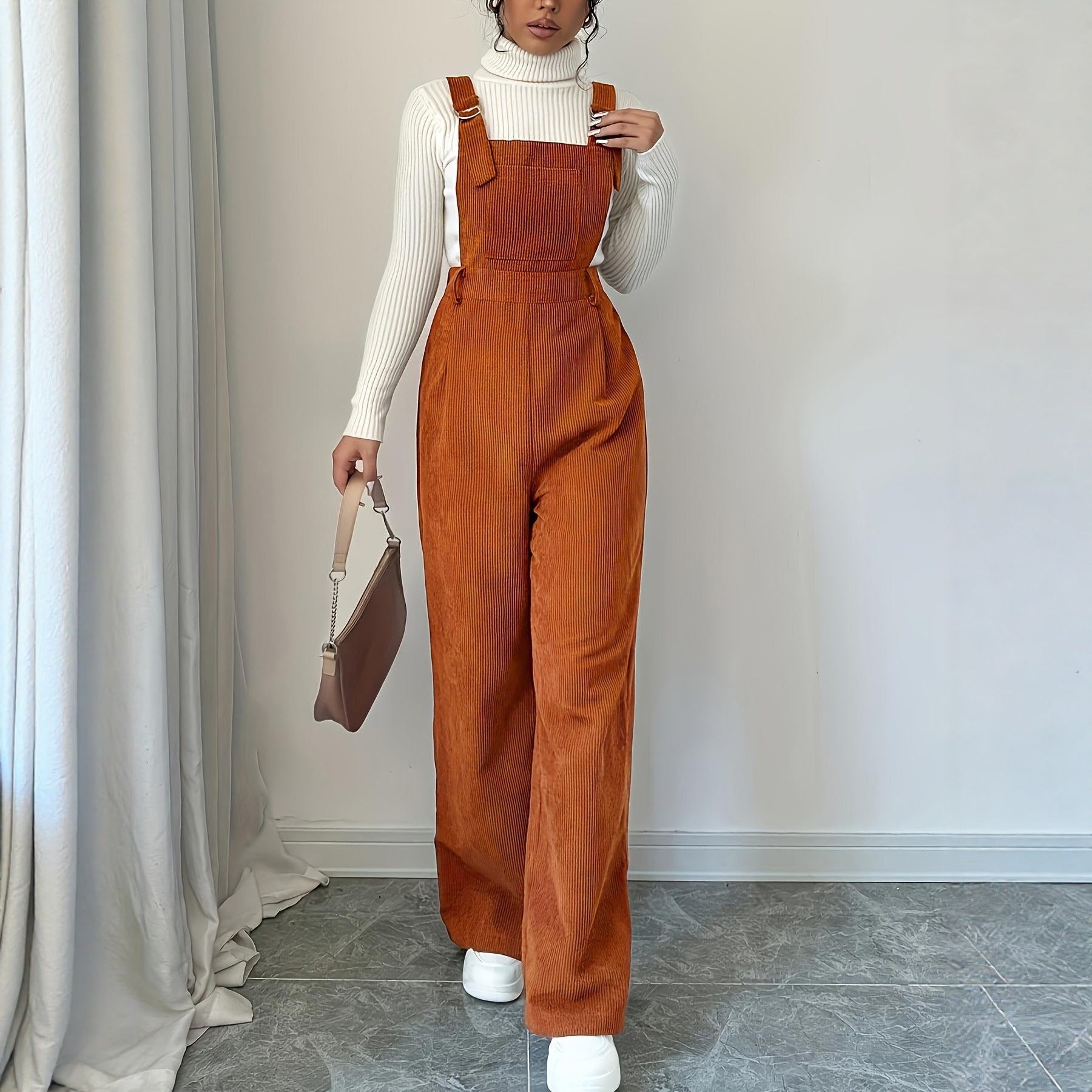 Women's Corduroy Loose Straight Bib Pants – Casual Suspender Jumpsuit