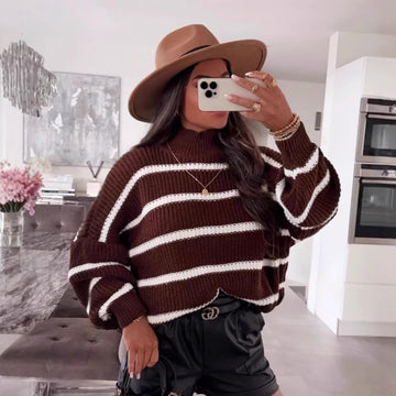 Women’s Loose Striped Mock-Neck Pullover Sweater – Chic & Cozy