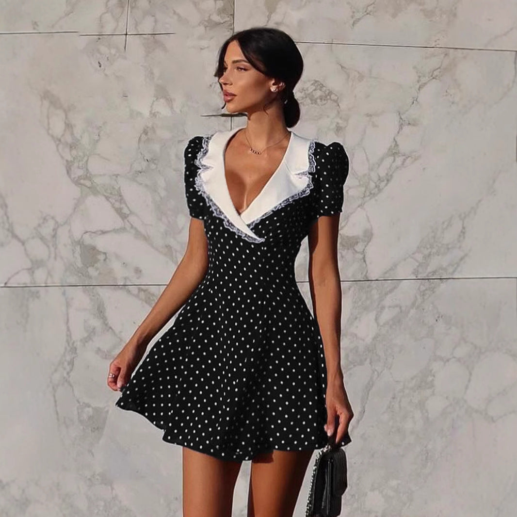 Hepburn-Style Elegant Polka Dot Dress – Lace V-Neck A-Line Dress for Women