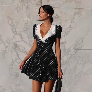 Hepburn-Style Elegant Polka Dot Dress – Lace V-Neck A-Line Dress for Women