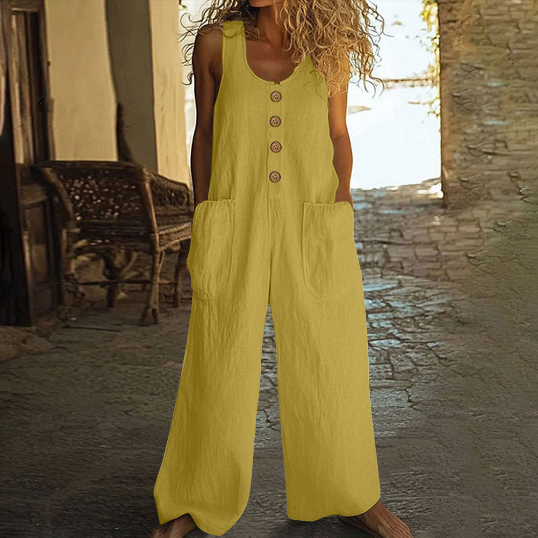 Women’s Sleeveless Wide-Leg Cotton Jumpsuit – Effortless Retro Style