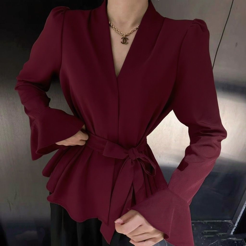 Women’s French-Style Tied Shirt – Irregular Collar with Bell Sleeves