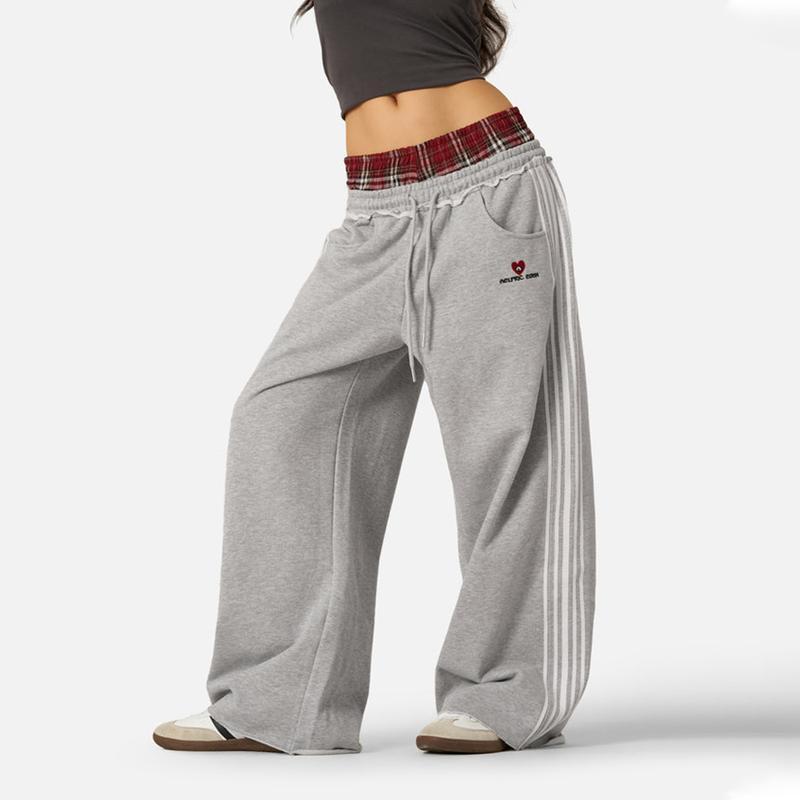 Casual Side Three-Bar Plaid Sweatpants – Loose Wide-Leg Streetwear