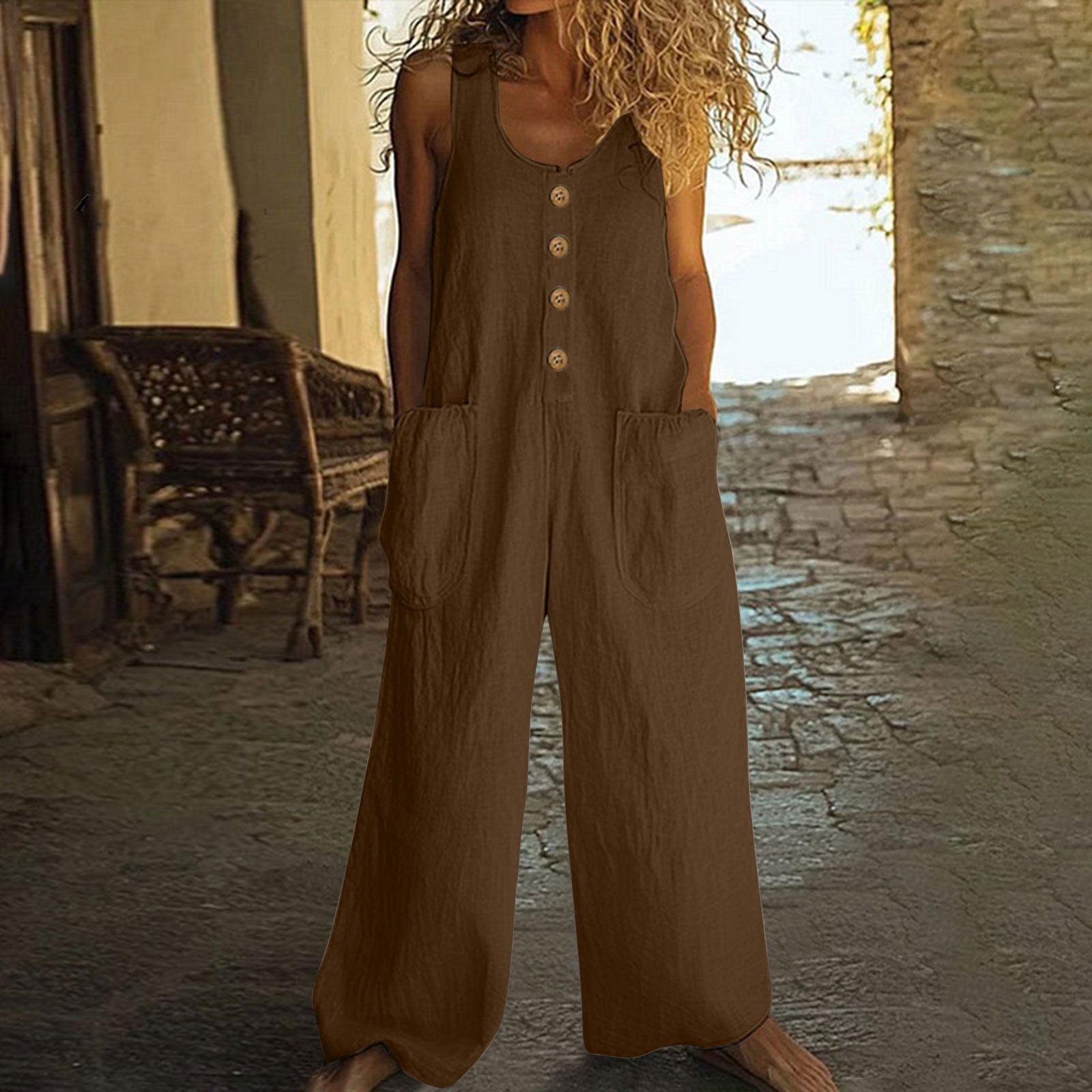 Women’s Sleeveless Wide-Leg Cotton Jumpsuit – Effortless Retro Style