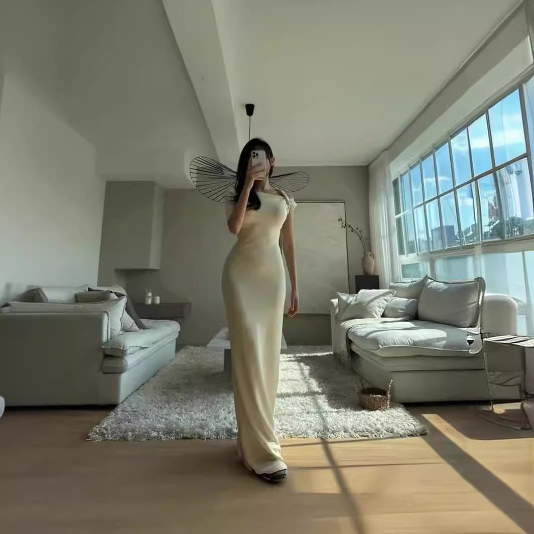 Women's One-Shoulder Ruched Bodycon Dress – Elegant High-Waist White Gown