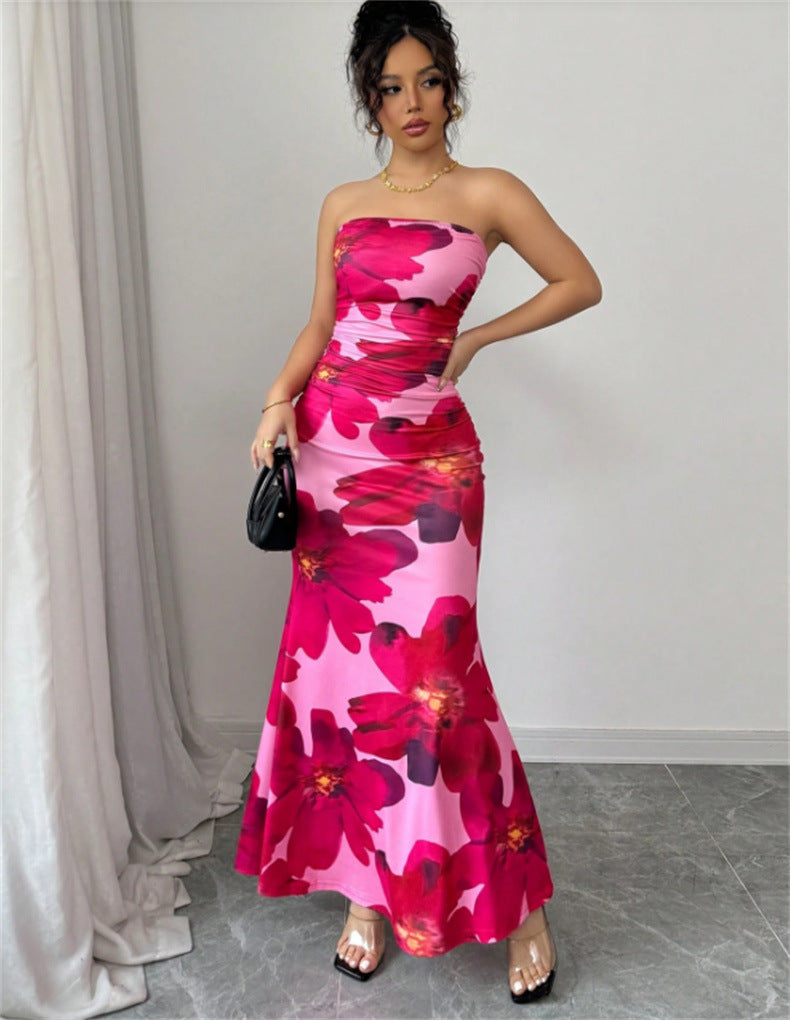 Travel Slim Fit Floral Dress – Long Hip Skirt, Sleeveless Design