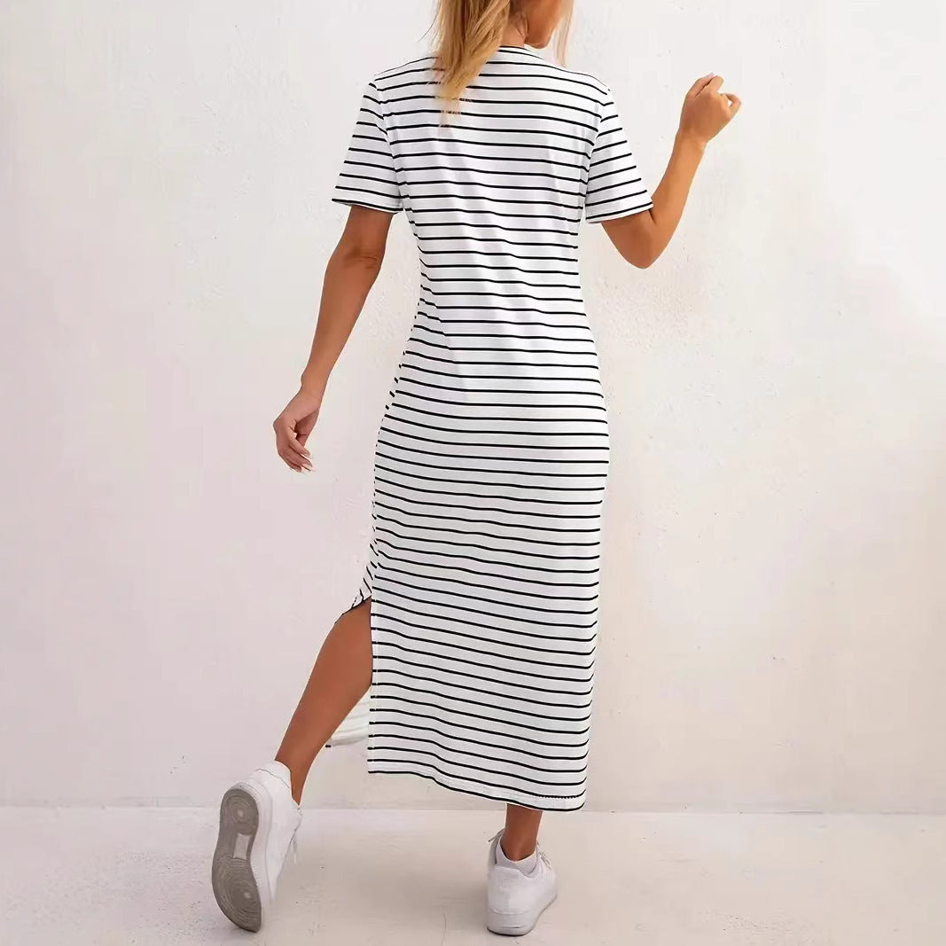 Women's Striped Floral Print Maxi Dress – Short Sleeve Casual Slit Dress