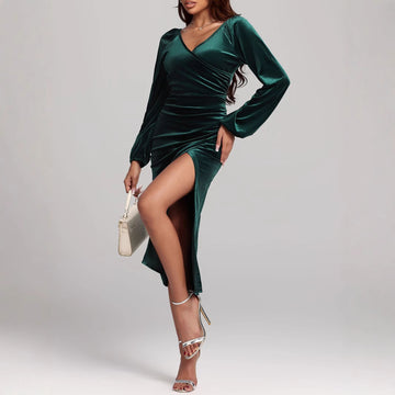 V-Neck Velvet Pleated Split Dress – Elegant Green Mid-Length Style