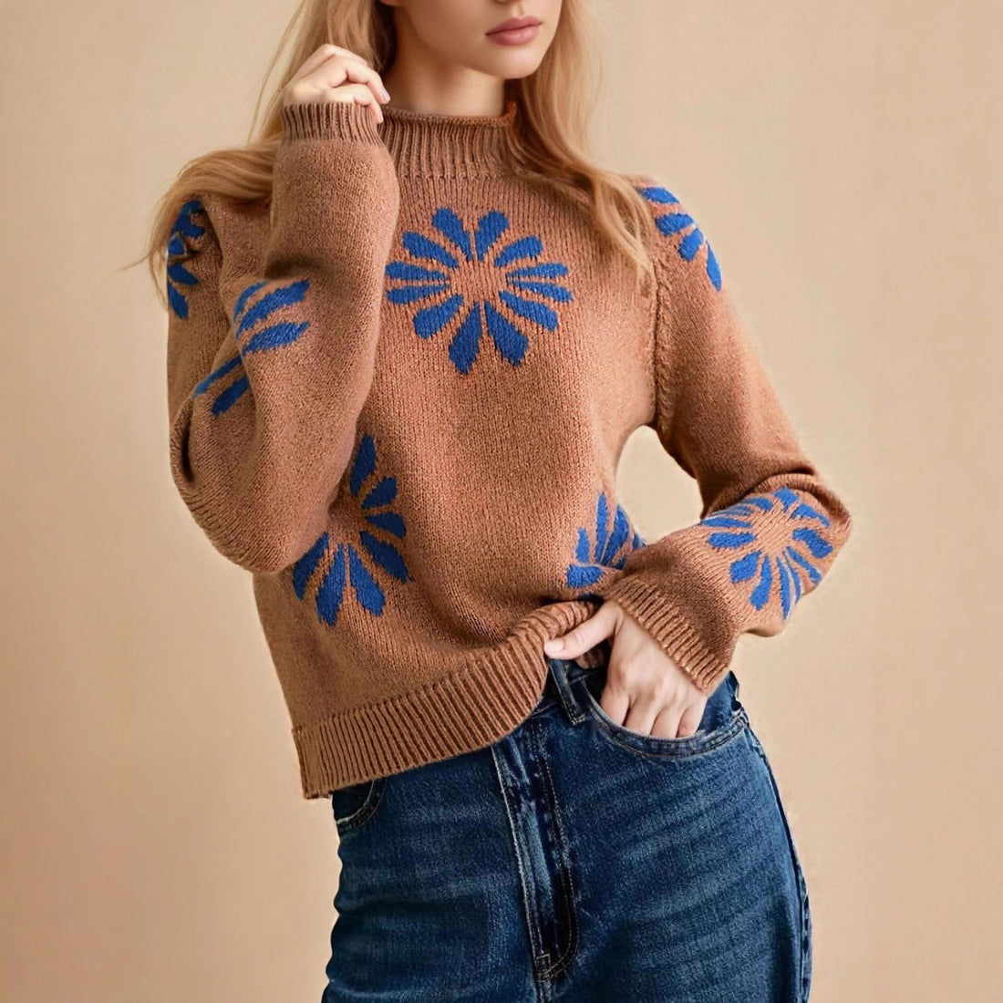 Round Neck Flower Color Collision Casual Knitted Sweater – Stylish Floral Jacquard Pullover