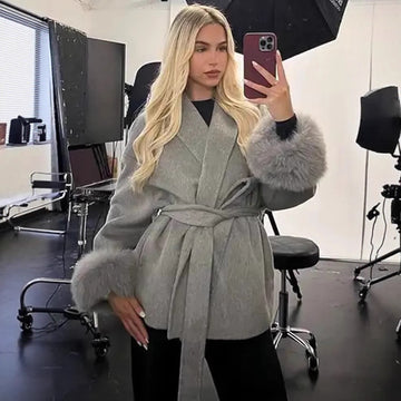 Women’s Fur V-Neck Lace-Up Woolen Coat – French Elegance