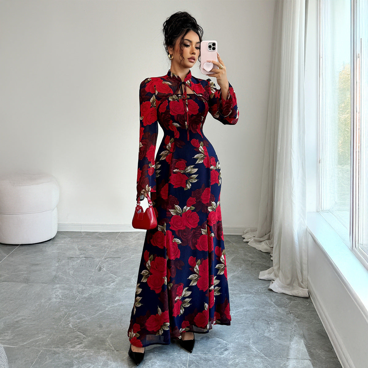 Women’s Elegant Floral Long-Sleeve Dress – Chic & Timeless