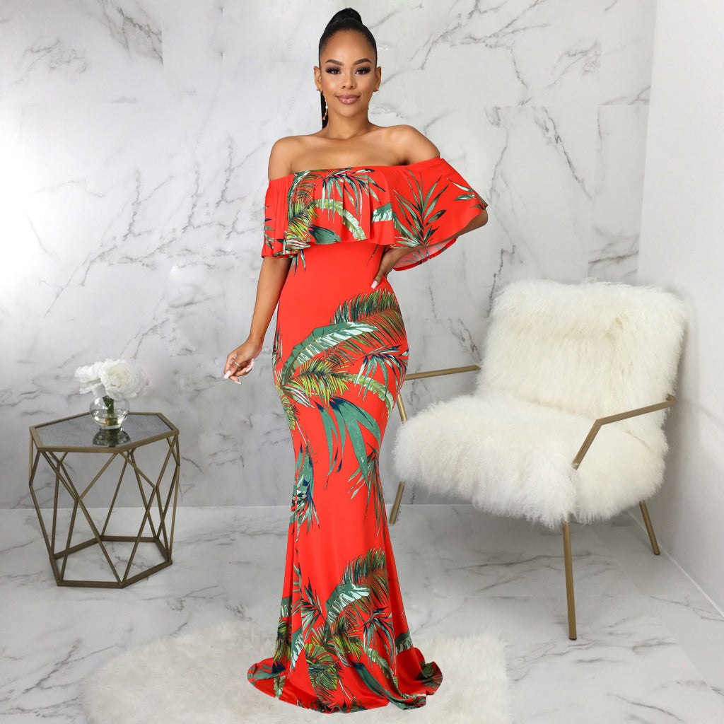 Women's Off-Shoulder Digital Print Tube Top Dress – Elegant Swing Maxi