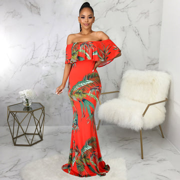 Women's Off-Shoulder Digital Print Tube Top Dress – Elegant Swing Maxi