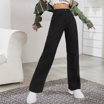 Women's Black Washed Straight-Leg Jeans – High-Waist Stretch Casual Trousers