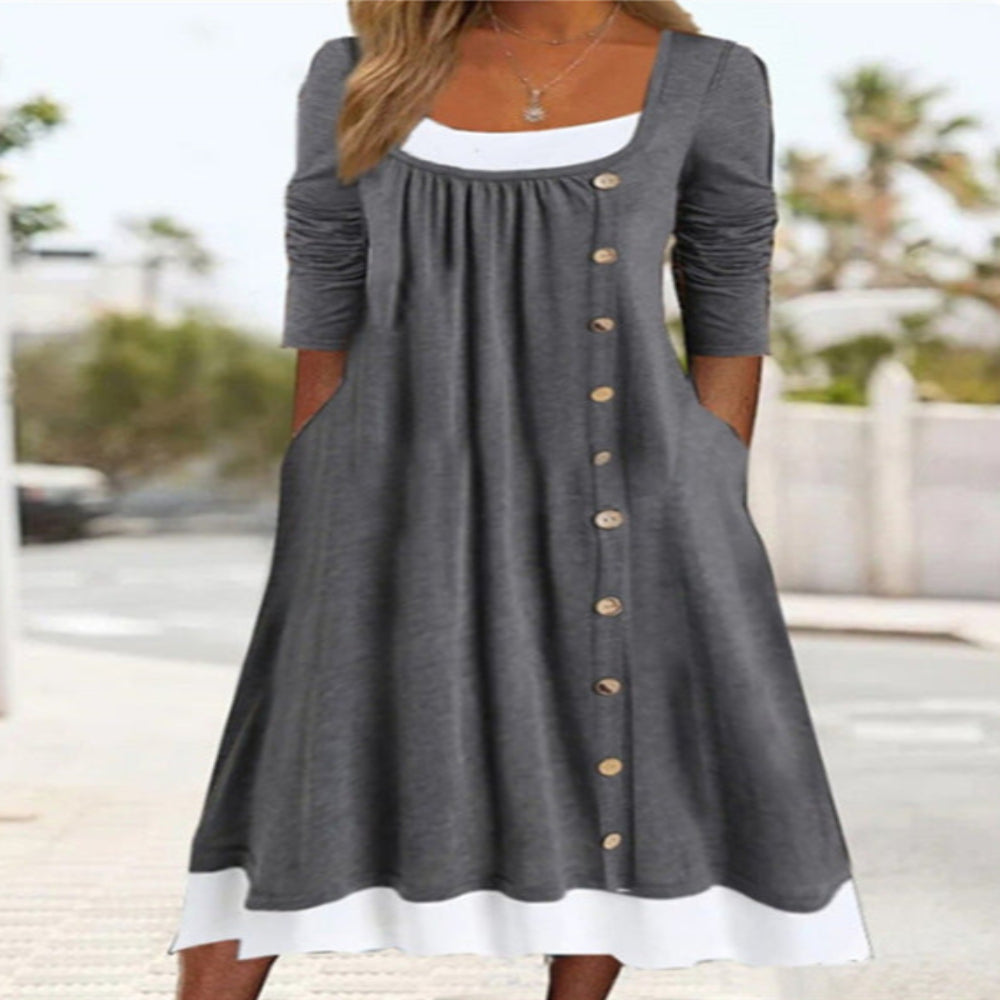Women’s Solid Color Button Dress – High-Waist & Chic