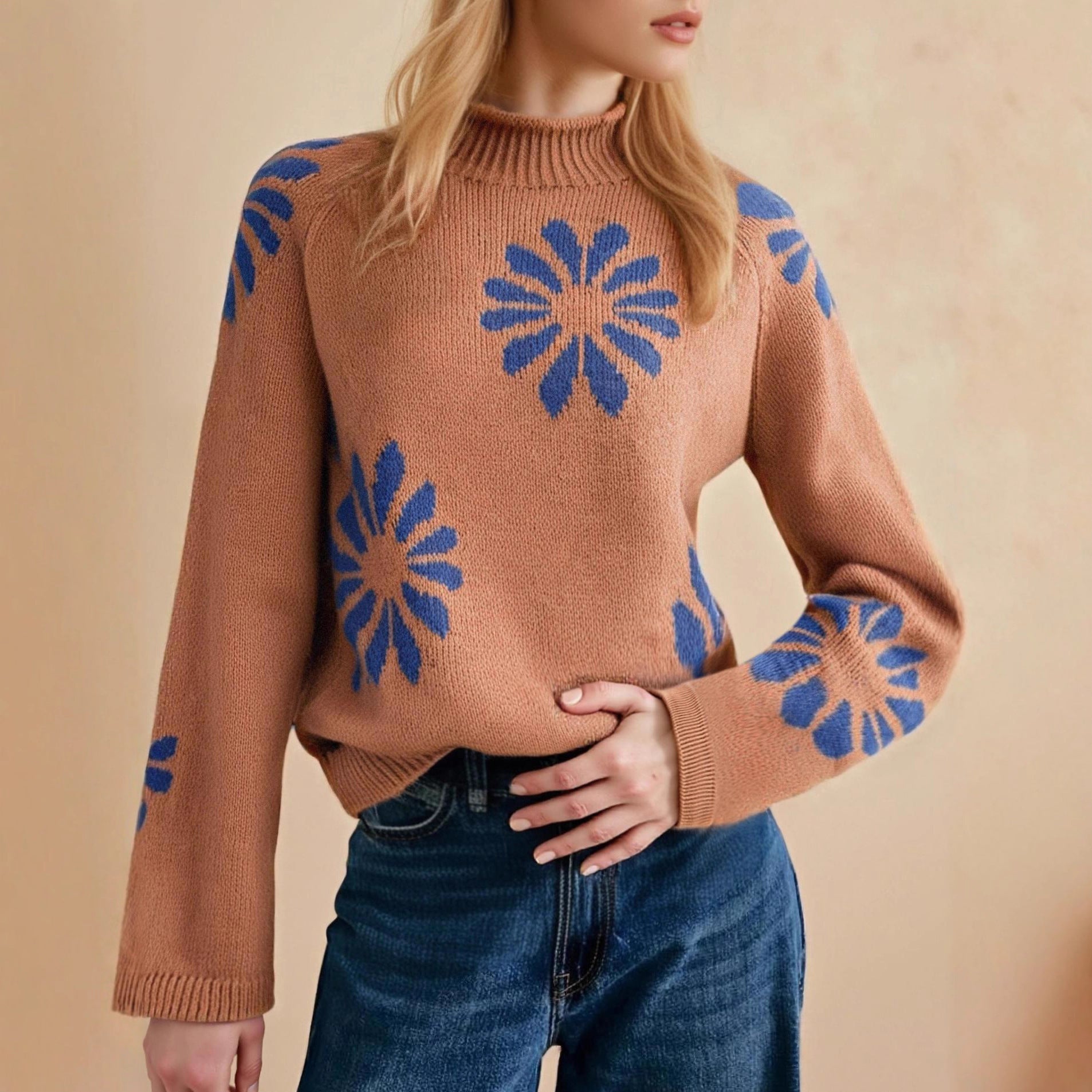 Round Neck Flower Color Collision Casual Knitted Sweater – Stylish Floral Jacquard Pullover