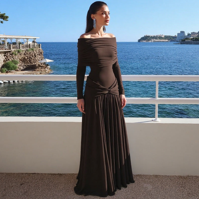 Off-Shoulder Cinched Pleated Dress – Elegant Long Sleeve Asymmetric Midi Dress