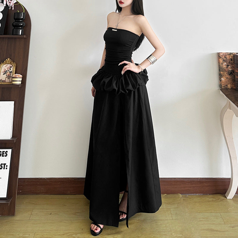 Women’s Elegant High-Waist Split Maxi Dress – Solid Color Off-Neck Slim Fit