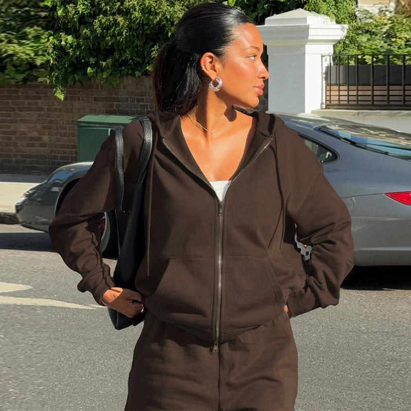 Zipper Hoodie & Drawstring Pants Set – Women's Slim Fit Casual Streetwear Suit