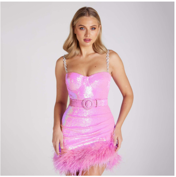 Women's Tight Artificial Fur Belt Purple Sequin Slip Dress