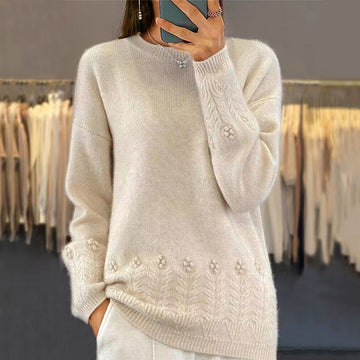 Women’s Solid Color 3D Floral Embroidered Sweater – Loose Round Neck Long Sleeve Pullover for Autumn & Winter