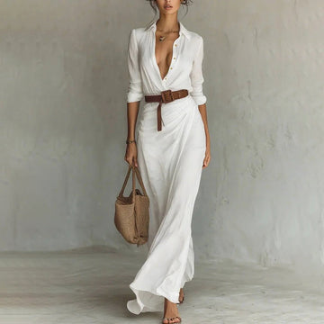 Women’s Long Sleeve Ruched Elegant Maxi Dress – Button-Down Shirt Dress with Belt