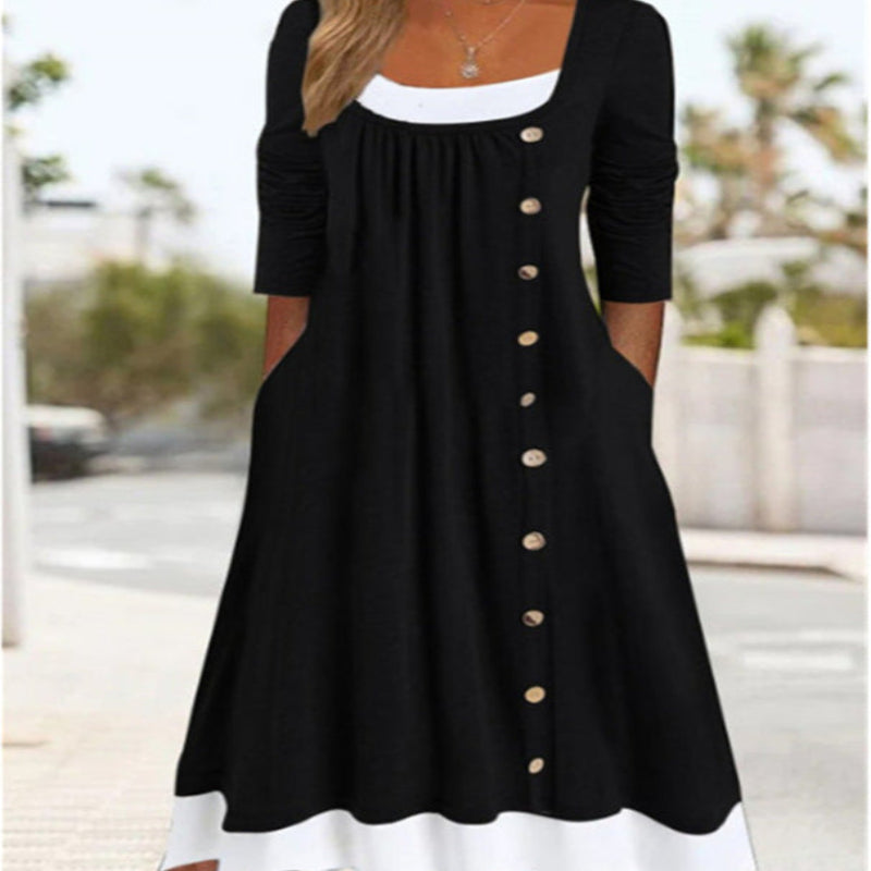 Women’s Solid Color Button Dress – High-Waist & Chic