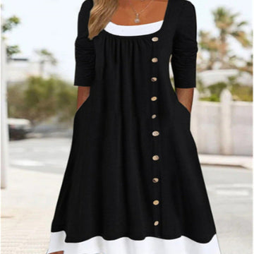 Women’s Solid Color Button Dress – High-Waist & Chic