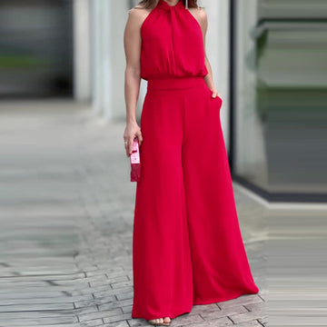 Summer Two-Piece Set – Round Neck Top & High-Waist Wide-Leg Pants