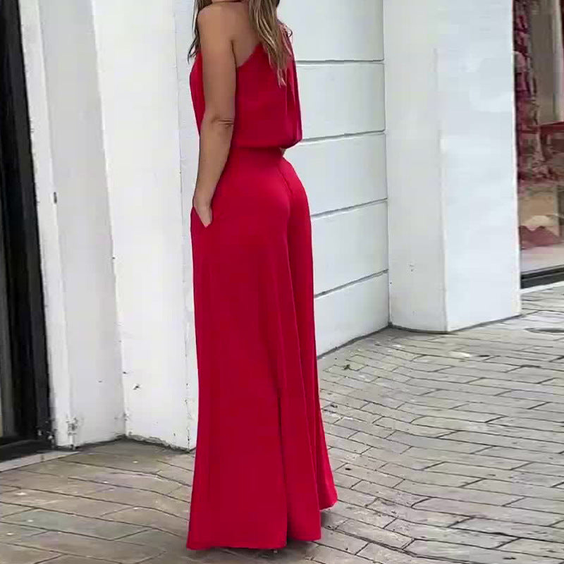 Summer Two-Piece Set – Round Neck Top & High-Waist Wide-Leg Pants