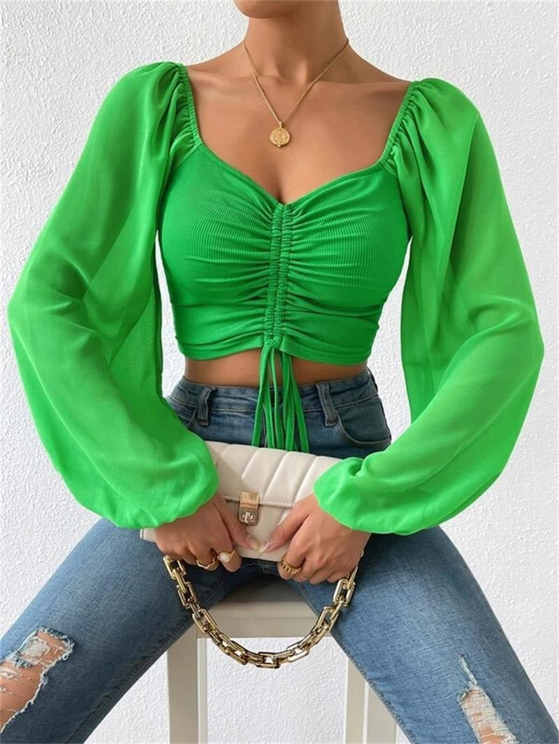 Slim V-Neck Blouse with Lantern Sleevesure
