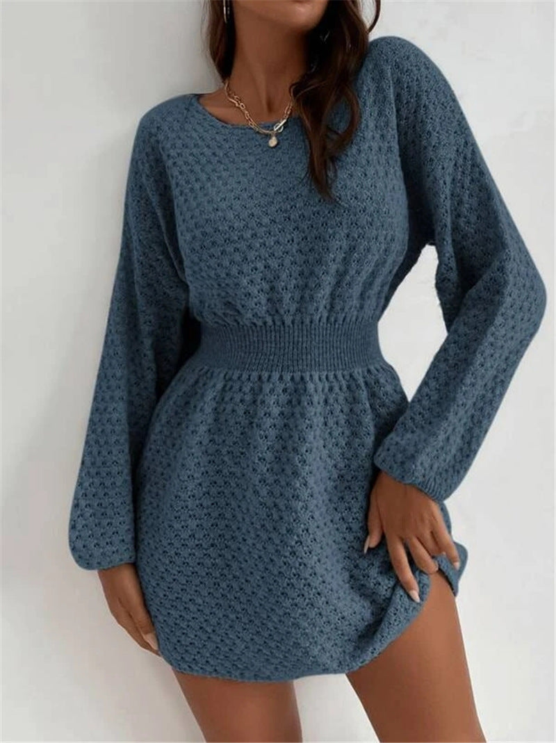 French Knitted Sweater Dress – Slim Fit with Crocheted Flower Details