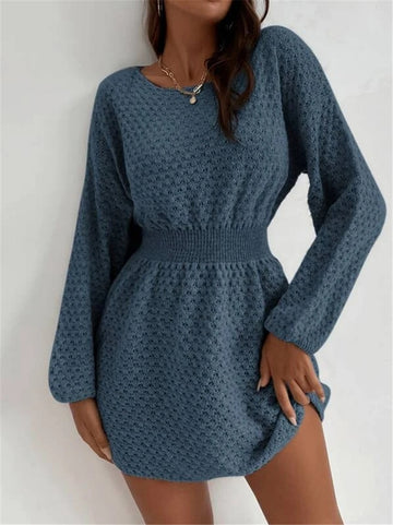 French Knitted Sweater Dress – Slim Fit with Crocheted Flower Details