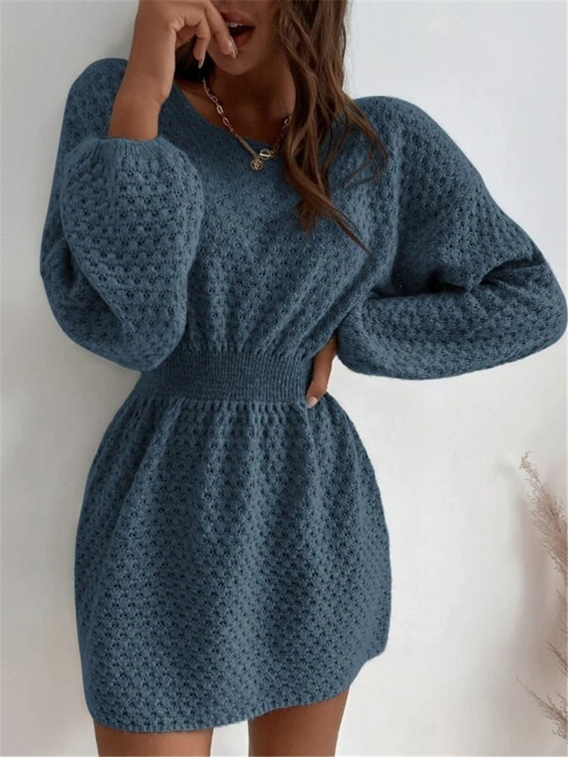 French Knitted Sweater Dress – Slim Fit with Crocheted Flower Details