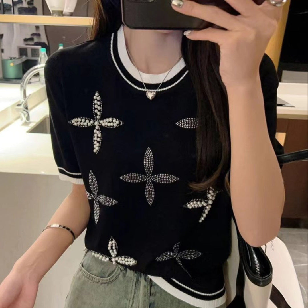 Knit Blouse – Romantic Touch with Beaded and Crystal Embellishments