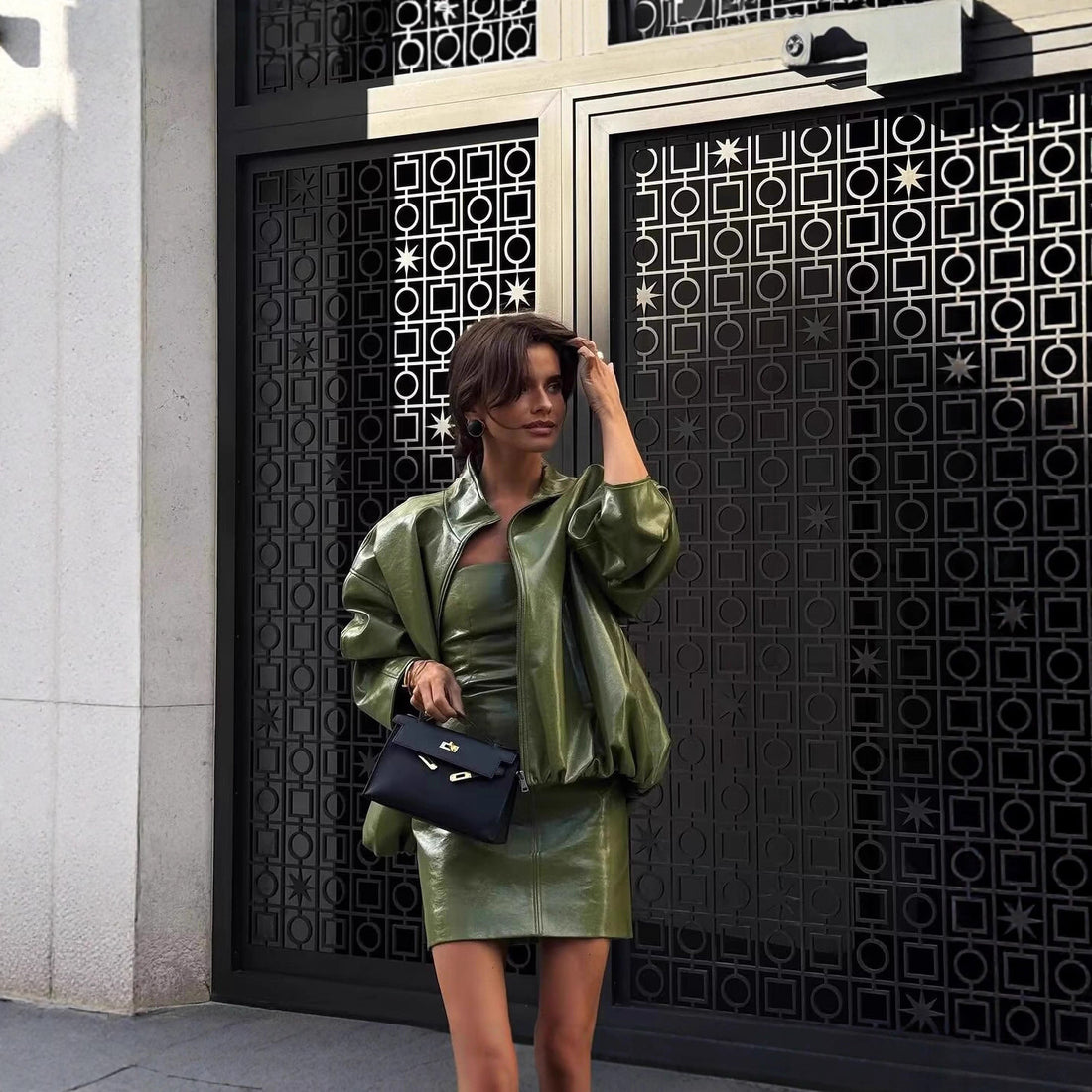 Women's Retro PU Leather Two-Piece Set – Strapless Dress & Jacket Suit