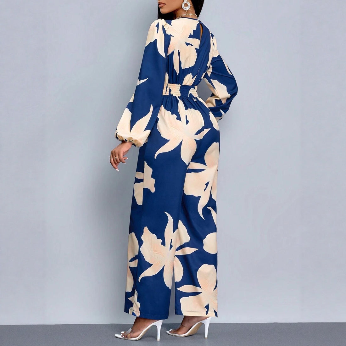 Women's Floral Print Long Sleeve Jumpsuit – Elegant Lantern Sleeve One-Piece Suit