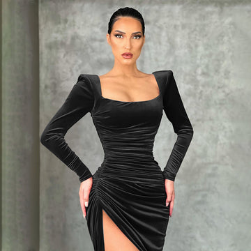 Ladies High-End Long Sleeve Dress – Elegant Square Neck Pleated Maxi Dress